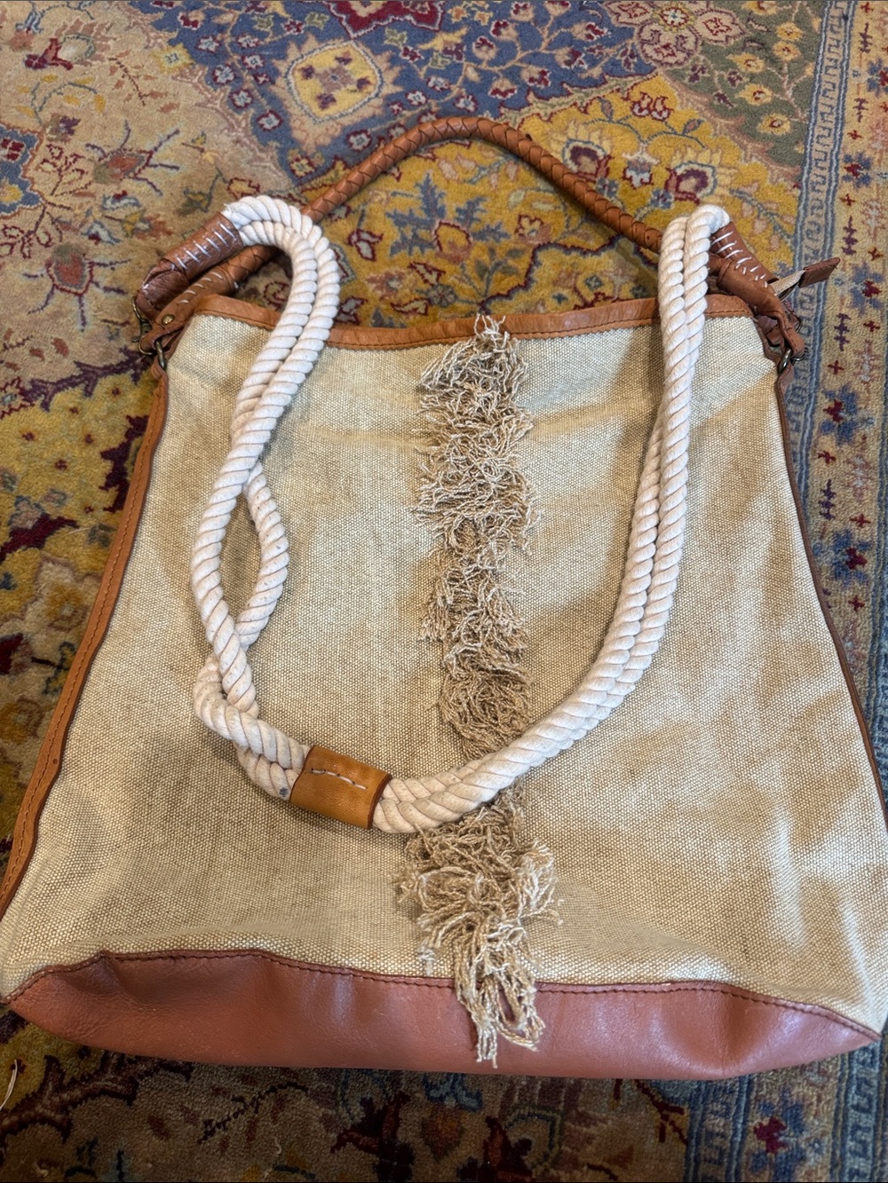 Free people Neutral Canvas & Leather Tote Bag with Rope Handles